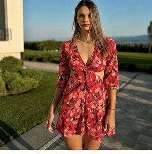 H&M, Tropical Floral Red Cut Out Dress,Size Xxl